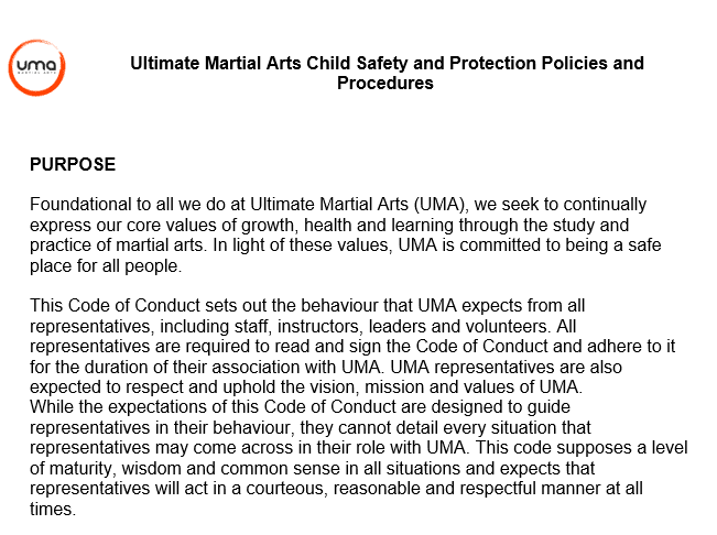 UMA Policies and Procedures | Ultimate Martial Arts